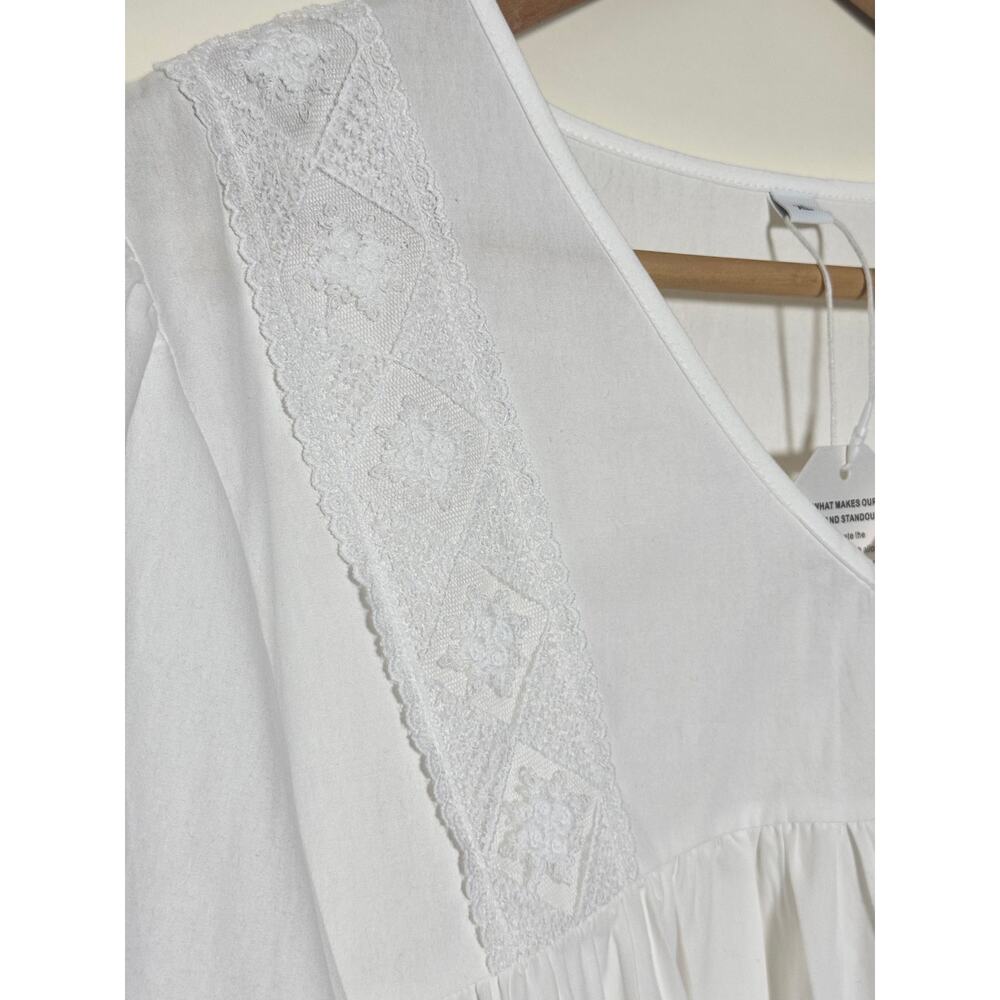 White Babydoll Mini Dress XL Lace Embroidery Boho Honeymoon Romantic Cottagecore - Picture 4 of 5